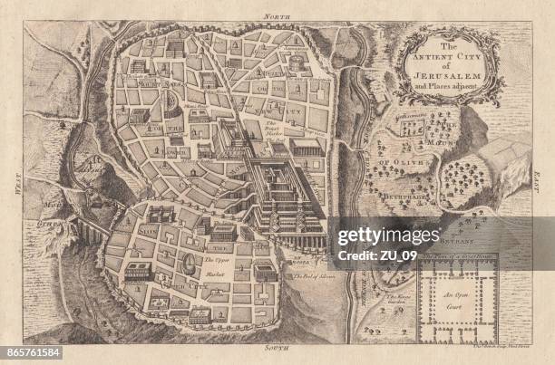 ilustraciones, imágenes clip art, dibujos animados e iconos de stock de mapa de la antigua jerusalén, copperplate grabado, publicado en 1774 - jerusalen