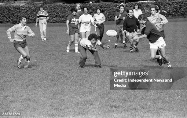 Women's rugby team the Rio Grande Surfers during a training session in College Park, circa October 1983. .