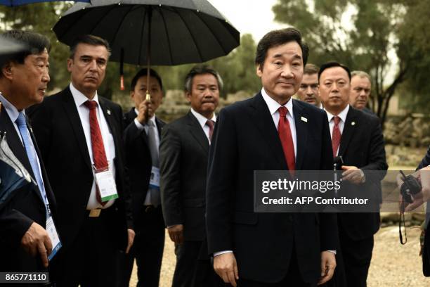South Korean Prime Minister Lee Nak-yeon attends at the Temple of Hera in Olympia, the sanctuary where the Olympic Games were born in 776 BC, on...