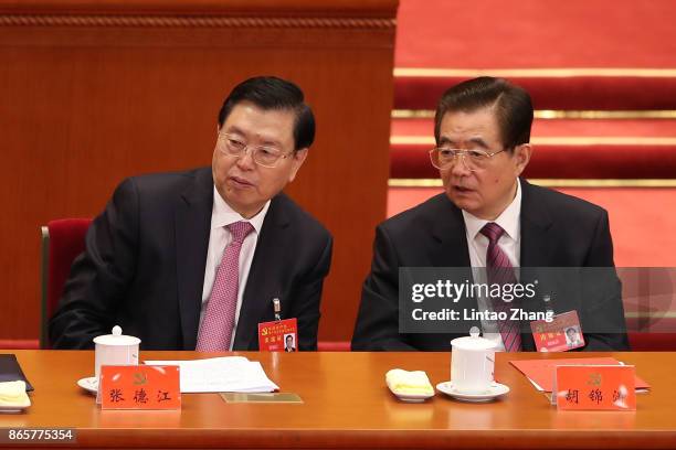 China's former president Hu Jintao talk with The Chairman of the Standing Committee of China's National People's Congress Zhang Dejiang during the...