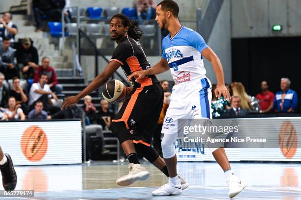 Mykal Riley of Le Mans and Paul Rigot of Antibes during the Pro A match between Antibes and Le Mans on October 23, 2017 in Monaco, Monaco.