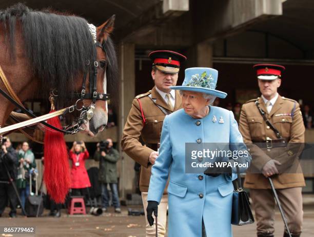 Queen Elizabeth II accompanied by Lieutenant Colonel James Gaselee, Commanding Officer, Household Cavalry Mounted Regiment, meets Drum Horse Perseus,...