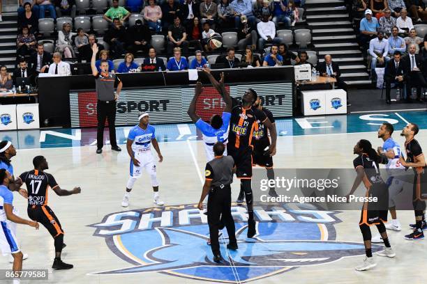 Youssoupha Fall of Le Mans and Mouphtaou Yarou of Antibes during the Pro A match between Antibes and Le Mans on October 23, 2017 in Monaco, Monaco.