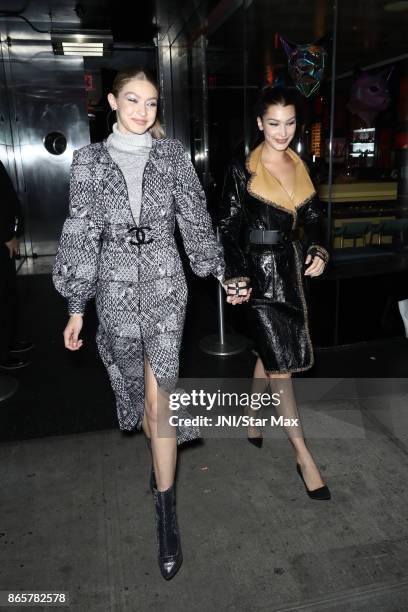 Models Gigi Hadid and Bella Hadid are seen on October 23, 2017 in New York City.