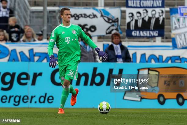 Goalkeeper Christian Fruechtl of Bayern Muenchen controls the ball during the match between TSV 1860 Muenchen and Bayern Muenchen II at Stadion an...