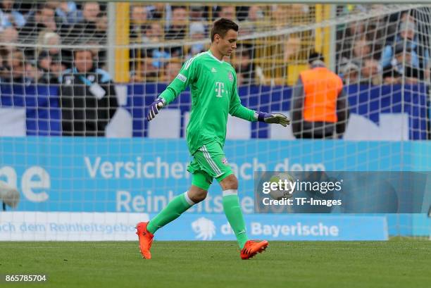 Goalkeeper Christian Fruechtl of Bayern Muenchen controls the ball during the match between TSV 1860 Muenchen and Bayern Muenchen II at Stadion an...