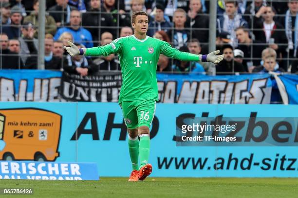 Goalkeeper Christian Fruechtl of Bayern Muenchen gestures during the match between TSV 1860 Muenchen and Bayern Muenchen II at Stadion an der...