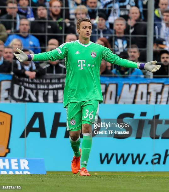 Goalkeeper Christian Fruechtl of Bayern Muenchen gestures during the match between TSV 1860 Muenchen and Bayern Muenchen II at Stadion an der...