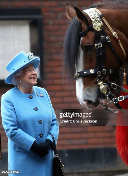 Queen Elizabeth II during an official visit to the Household Cavalry Mounted Regiment at Hyde Park on October 24, 2017 in London, England.