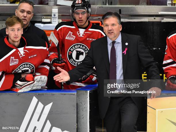 Head coach of the Quebec Remparts Philippe Boucher reacts on a call during the QMJHL game against the Blainville-Boisbriand Armada at Centre...