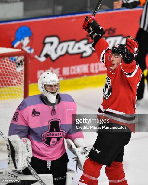 Jesse Sutton of the Quebec Remparts celebrates a goal late in the third period against the Blainville-Boisbriand Armada during the QMJHL game at...