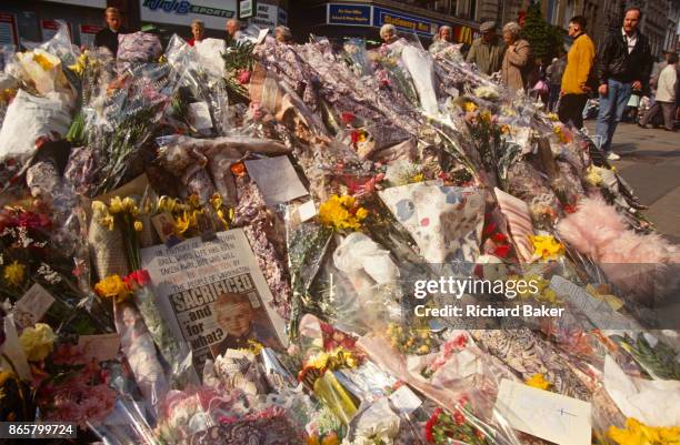 The floral memorial shrine in memory of two young victims killed by an IRA bomb in the centre of Warrington, Cheshire, England, on 27th February...