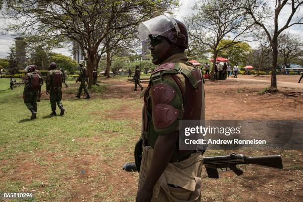 Kenyan police officers disperse a group of opposition protestors in Uhuru Park on October 24, 2017 in Nairobi Kenya. Tensions are high as Kenya waits...