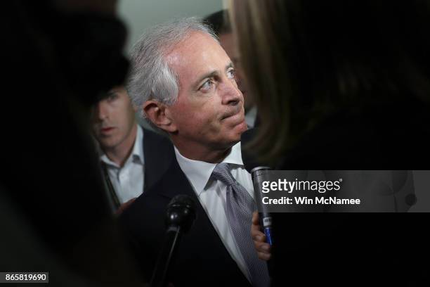 Sen. Bob Corker speaks to members of the press on Capitol Hill about U.S. President Donald Trump October 24, 2017 in Washington, DC. Corker and Trump...