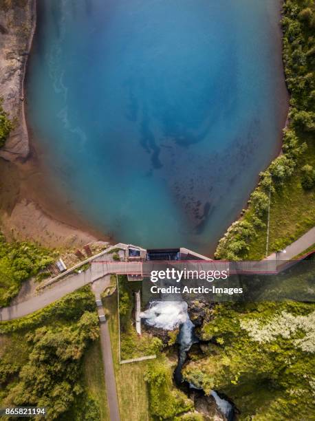 top view of dam, glera river, akureyri, iceland - akureyri foto e immagini stock