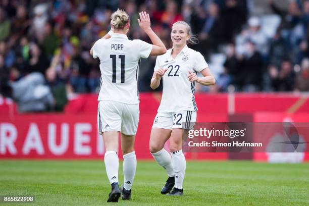 Tabea Kemme of Germany celebrates her team's second goal with team mate Alexandra Popp during the 2019 FIFA Women's World Championship Qualifier...