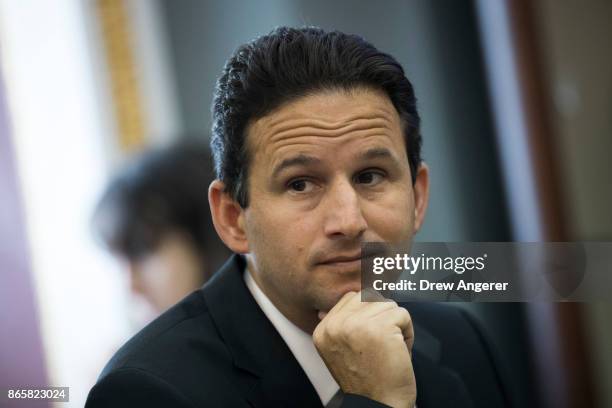 Sen. Brian Schatz speaks with reporters about health care on Capitol Hill, October 24, 2017 in Washington, DC.