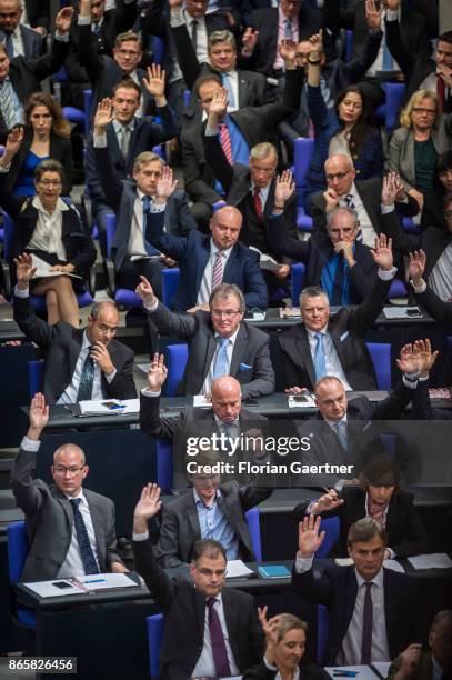 The AfD-faction is pictured during the constituent session of the 19th German Parliament on October 24, 2017 in Berlin, Germany. After the election...