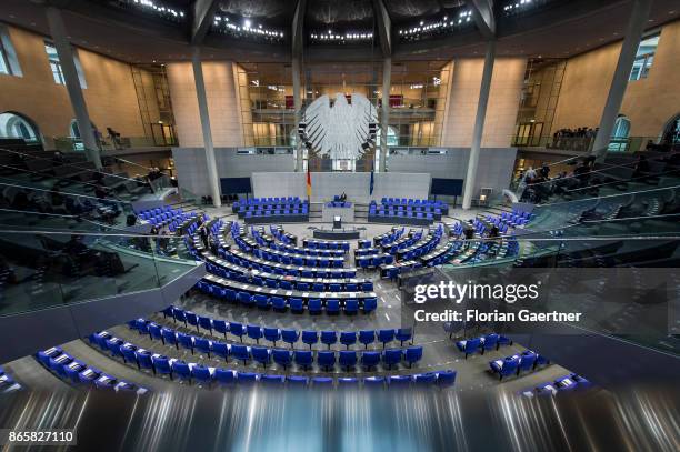 The empty plenary hall is pictured before the constituent session of the 19th German Parliament on October 24, 2017 in Berlin, Germany. After the...