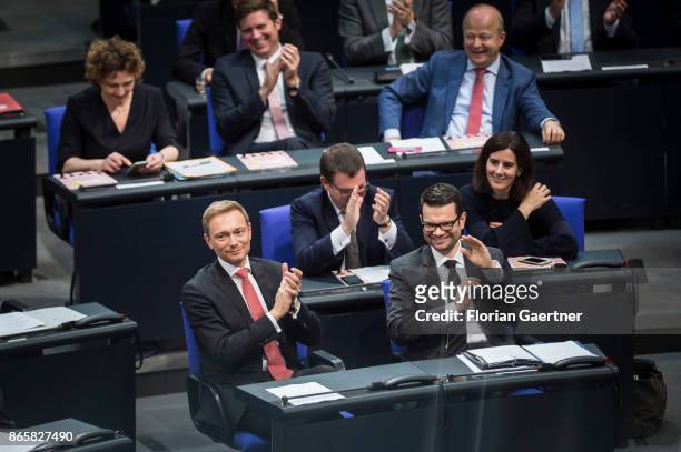 Christian Lindner , Federal Chairman of the Free Democratic Party , and Marco Buschmann, FDP , are pictured during the constituent session of the...