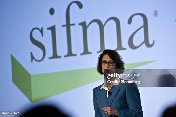 Abigail Johnson, chairman and chief executive officer of Fidelity Investments, speaks during a presentation at the Securities Industry And Financial...