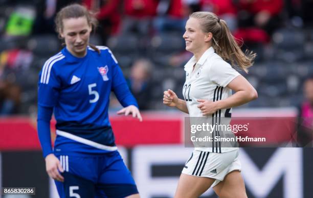 Tabea Kemme of Germany celebrates her team's third goal during the 2019 FIFA Women's World Championship Qualifier match between Germany and Faroe...