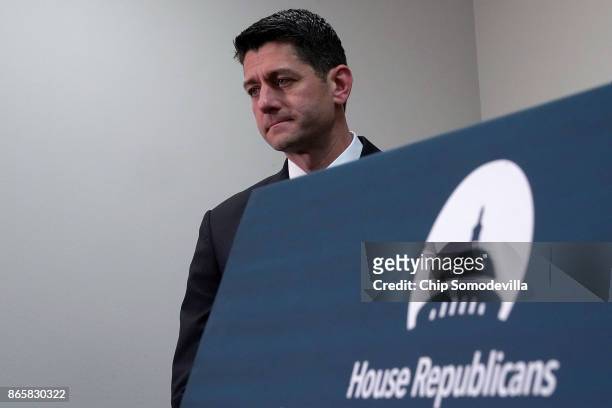 Speaker of the House Paul Ryan talks to reporters following the weekly House Republican Conference meeting at the U.S. Capitol October 24, 2017 in...