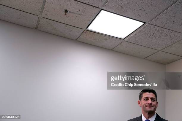 Speaker of the House Paul Ryan talks to reporters following the weekly House Republican Conference meeting at the U.S. Capitol October 24, 2017 in...