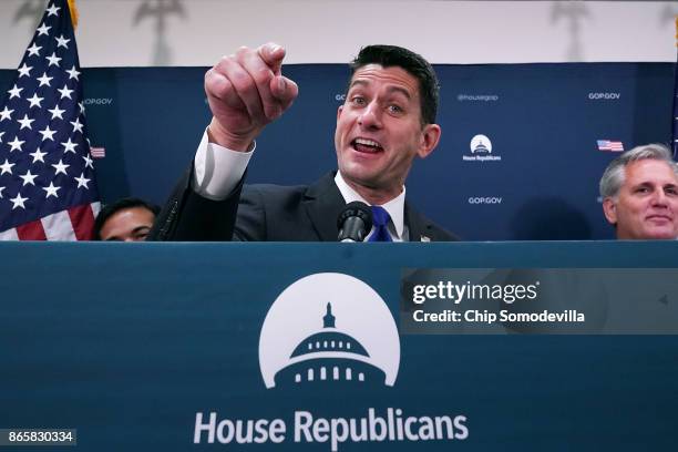 Speaker of the House Paul Ryan talks to reporters following the weekly House Republican Conference meeting at the U.S. Capitol October 24, 2017 in...