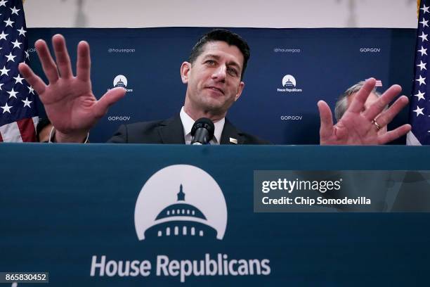 Speaker of the House Paul Ryan talks to reporters following the weekly House Republican Conference meeting at the U.S. Capitol October 24, 2017 in...