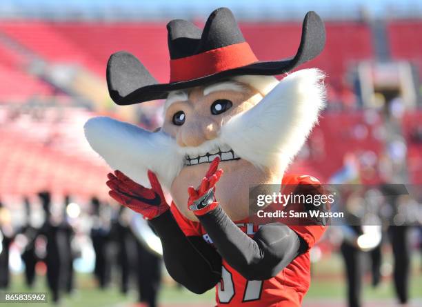 The UNLV Rebels mascot Hey Reb poses on the field before the team's game against the Utah State Aggies at Sam Boyd Stadium on October 21, 2017 in Las...