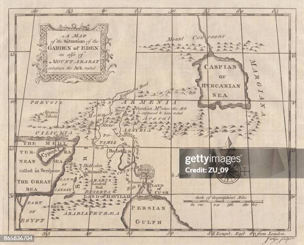 stockillustraties, clipart, cartoons en iconen met kaart van eden en de berg ararat in turkije, copperplate gravure, gepubliceerd 1774 - mount eden