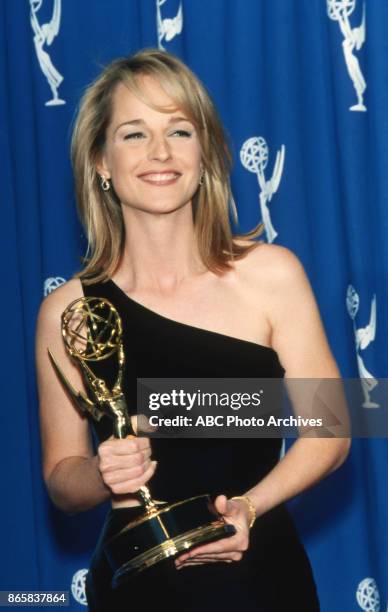 Actress Helen Hunt holding her Emmy Award in the press room at the 48th Annual Primetime Emmy Awards on September 8, 1996 at the Pasadena Civic...