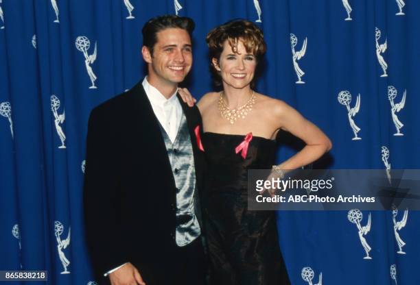 Actors Jason Priestley and Lea Thompson attend the 48th Annual Primetime Emmy Awards on September 8, 1996 at the Pasadena Civic Auditorium in...