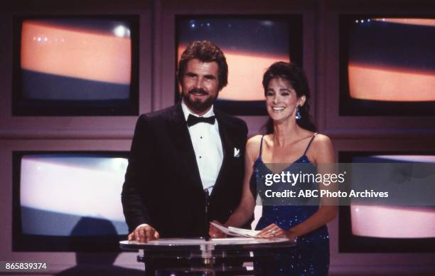 James Brolin and Connie Sellecca on stage at The 37th Primetime Emmy Awards on September22, 1985 at Pasadena Civic Auditorium, Pasadena, California.