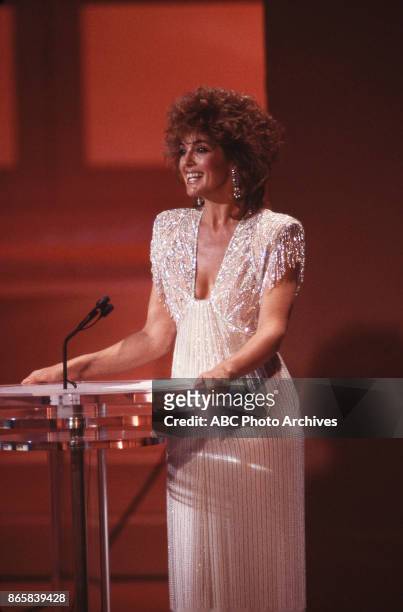 Linda Grey on stage at The 37th Primetime Emmy Awards on September22, 1985 at Pasadena Civic Auditorium, Pasadena, California.