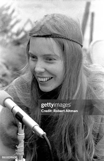 Canadian singer-songwriter Joni Mitchell poses for a portrait during the 1969 Big Sur Folk Festival on September 13-14, 1969 at the Esalen Institute...