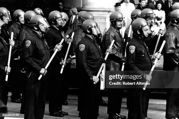 General view of the TAC Squad during the San Francisco State Student Strike circa 1968 in San Francisco, California.