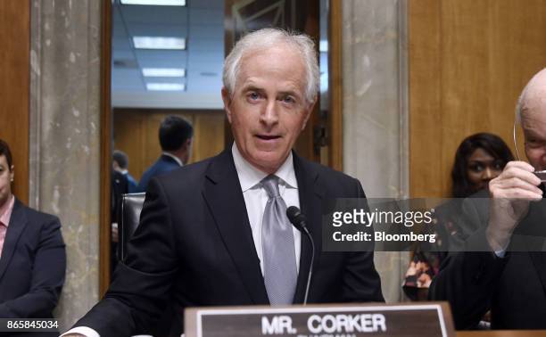 Senator Bob Corker, a Republican from Tennessee, arrives to a hearing on Capitol Hill in Washington, D.C., U.S., on Tuesday, Oct. 24, 2017. The feud...