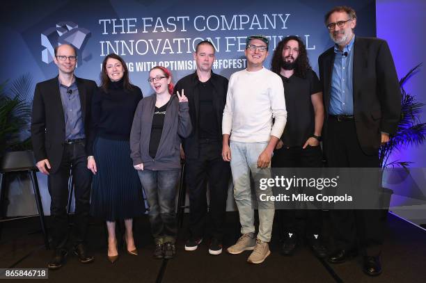 Chuck Salter, Christina Miller, Limor Fried, Saxs Persson, Zach Klein, Adam Leibsohn, and Mitchel Resnick pose onstage during the panel, "Cartoon...