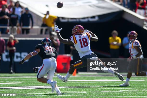 Hakeem Butler of the Iowa State Cyclones is unable to reach the ball and make the catch during the game against the Texas Tech Red Raiders on October...