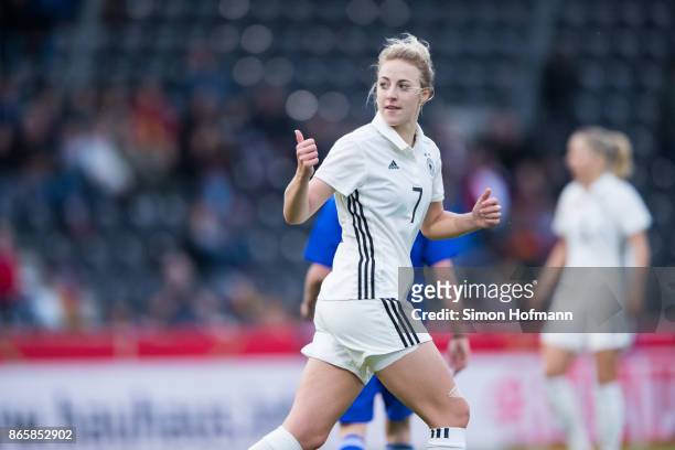 Carolin Simon of Germany gestures during the 2019 FIFA Women's World Championship Qualifier match between Germany and Faroe Islands at mechatronik...