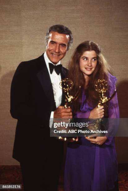 Ricardo Montalban and Blanche Baker hold their Emmy awards in the press room at The 30th Primetime Emmy Awards on September17, 1978 at Pasadena Civic...