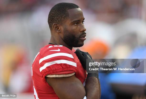 Pierre Garcon of the San Francisco 49ers looks on from the sidelines during their NFL football game against the Dallas Cowboys at Levi's Stadium on...