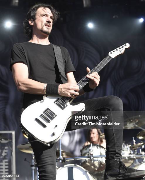 Joe Duplantier of Gojira performs during the Monster Energy Aftershock Festival at Discovery Park on October 21, 2017 in Sacramento, California.