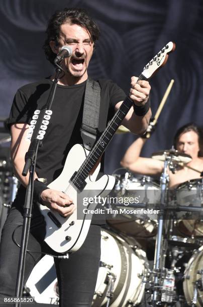 Joe Duplantier of Gojira performs during the Monster Energy Aftershock Festival at Discovery Park on October 21, 2017 in Sacramento, California.