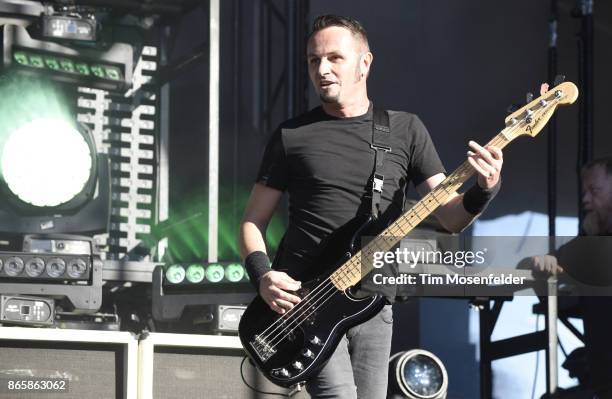 Jean-Michel Labadie of Gojira performs during the Monster Energy Aftershock Festival at Discovery Park on October 21, 2017 in Sacramento, California.