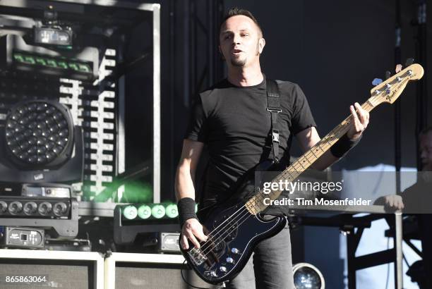 Jean-Michel Labadie of Gojira performs during the Monster Energy Aftershock Festival at Discovery Park on October 21, 2017 in Sacramento, California.