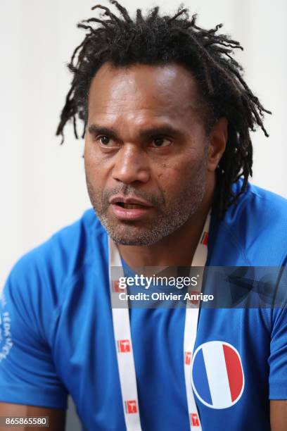 Retired French football Christian Karembeu speaks in an interview about teqball during SPORTEL Monaco 2017 at the Grimaldi Forum on October 24, 2017...