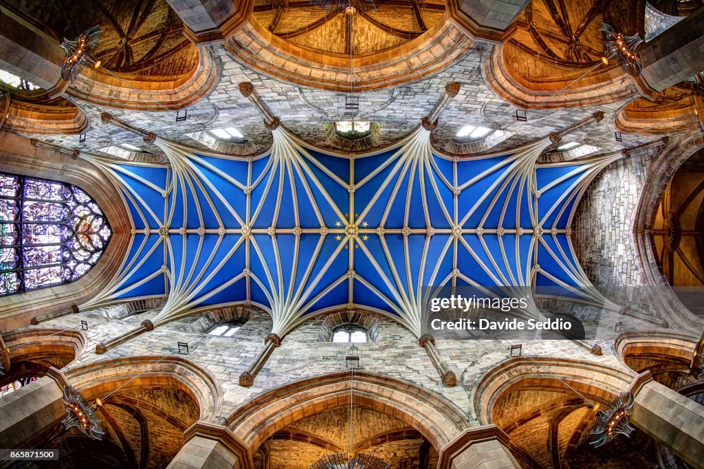 Blue ceiling and stained glass windows at St Giles Cathedral